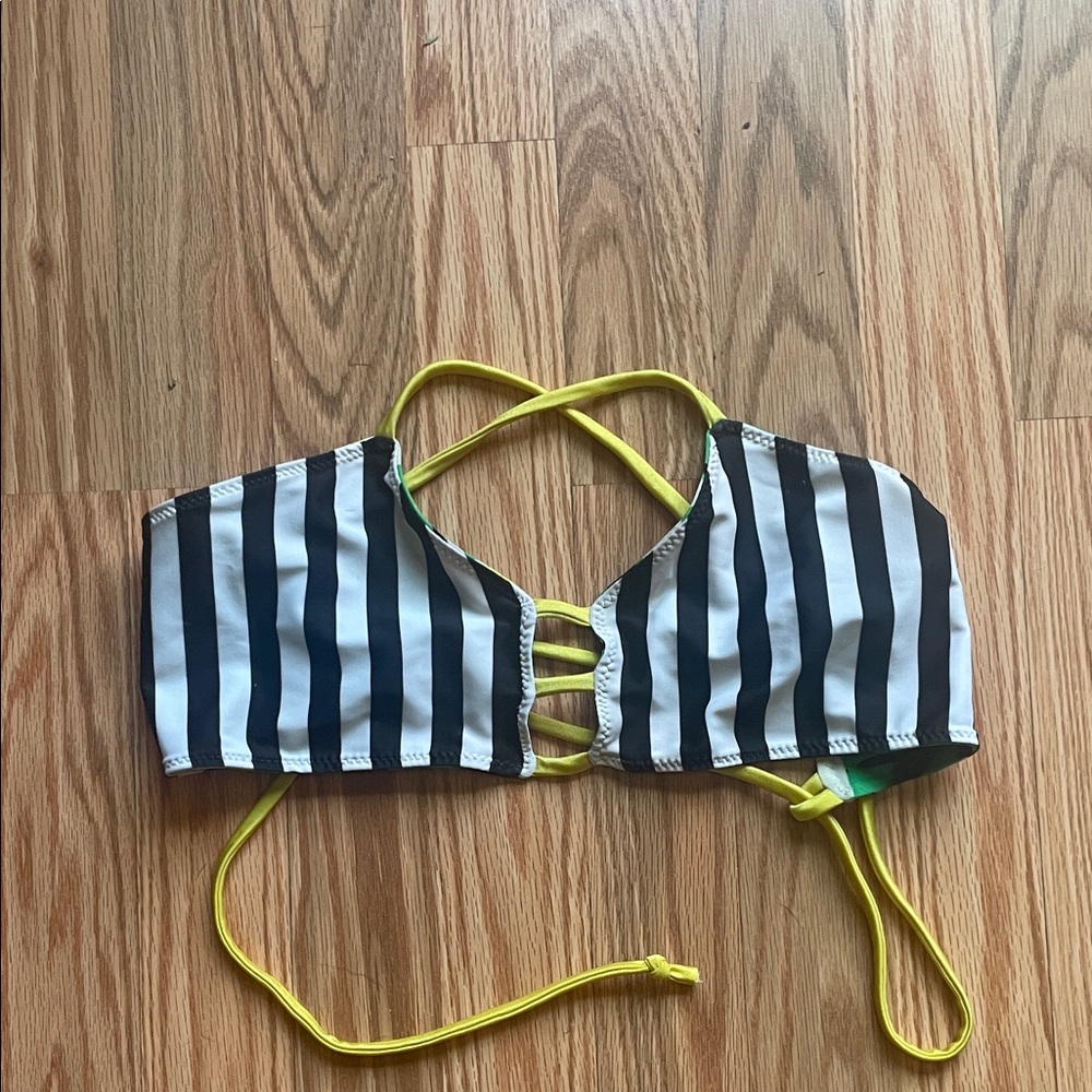 Savage Swim Striped Black & White Bikini Top with Yellow Straps